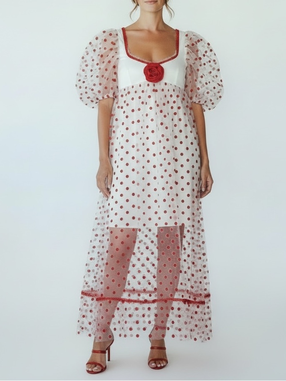 For Love And Lemons Sz S Dress Red White Polka Dot Babydoll Maxi Midi Kawaii